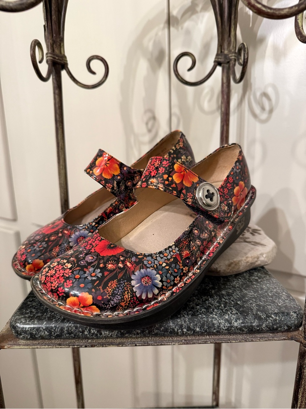 Alegria Floral Mary Jane Flats - Black with Red, Orange, Purple Flowers
